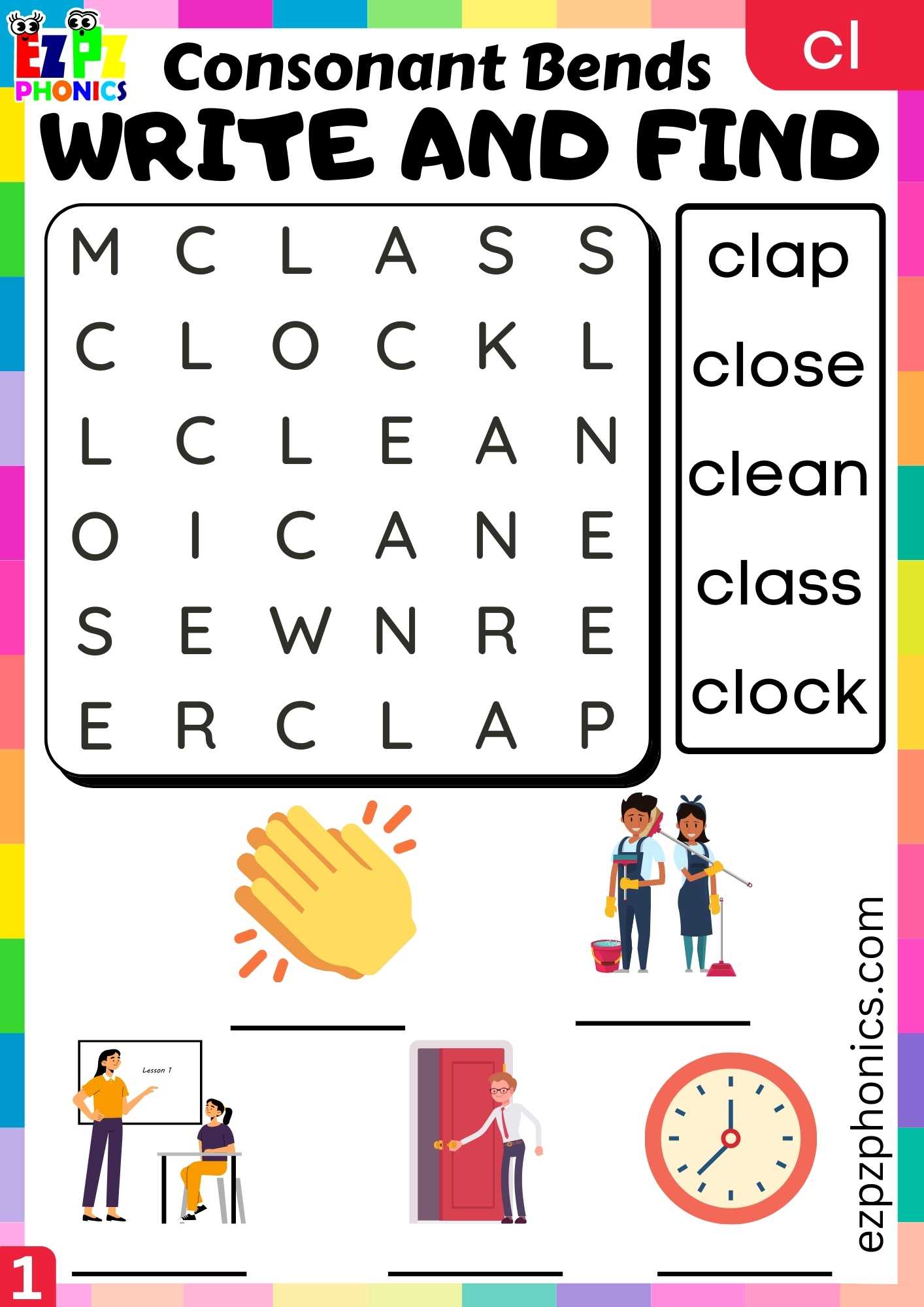Group1 CL Words Write And Find Phonics Consonant Blends Worksheet